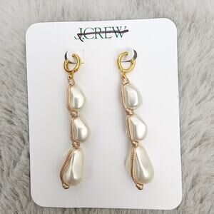 J. Crew Pearl Rope Linear Dangle Earrings Gold Cream Statement NWT